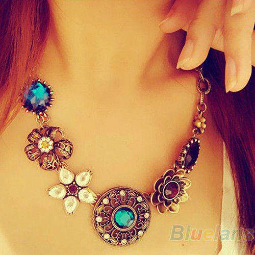 Pretty Crystal Flowers Bib Statement Necklace