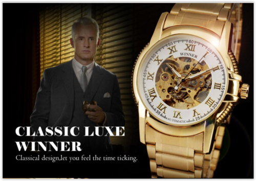 2015 new winner fashion skeleton gold full steel stainless strap men male mechanical automatic