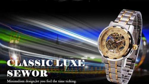 SEWOR Full Steel Skeleton Watch Mechanichal Hand Wind Wrist Watch