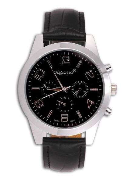 OUGAMA Black Leather Strap Analog Mens Wrist Watch
