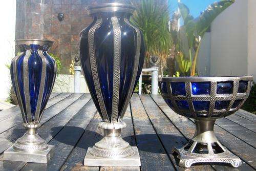 SET OF 2 PEWTER AND GLASS VASES AND 1 FRUIT BOWL