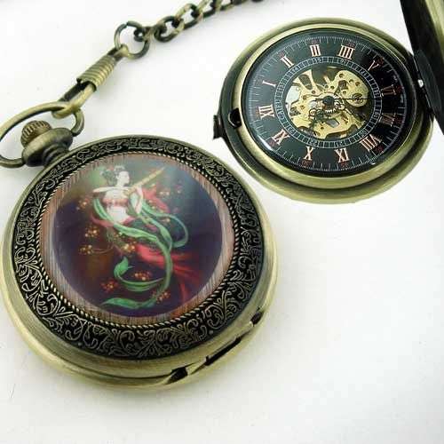 Bronze Fairy Painting Mechanical Pocket Watch + Chain