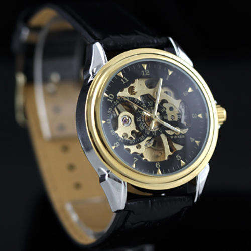 Winner Mens Gold/Black Metal Hollow Mechanical Wrist Watch