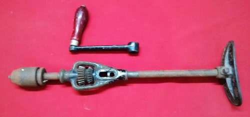 VINTAGE HAND DRILL WITH SPIRIT LEVEL - HANDLE REPLACED NEED TO ATTACHED  +  DRILL FOR PARTS-