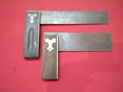 2 VINTAGE HARDWOOD (ROSEWOOD???) & BRASS HANDLED SQUARES  - PICTURES ARE PART OF THE DESCRIPTION