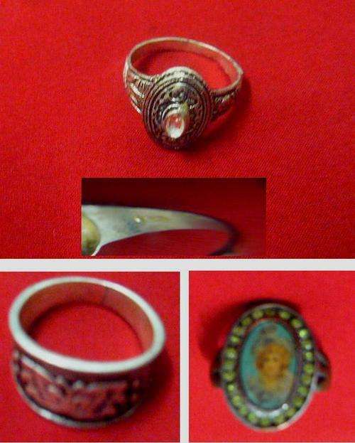 3 RINGS - 1 MARKED 925 , 1 LOOK SILVER NO MARKS & 1 BRASS (PH = R50) - PLEASE C PICS AND DESC