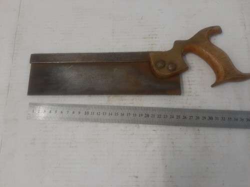 VINTAGE OPEN HANDLE BACKSAW - STEEL SPINE - VERY LIGHT ETCHING ON BLADE - please check pics and Desc