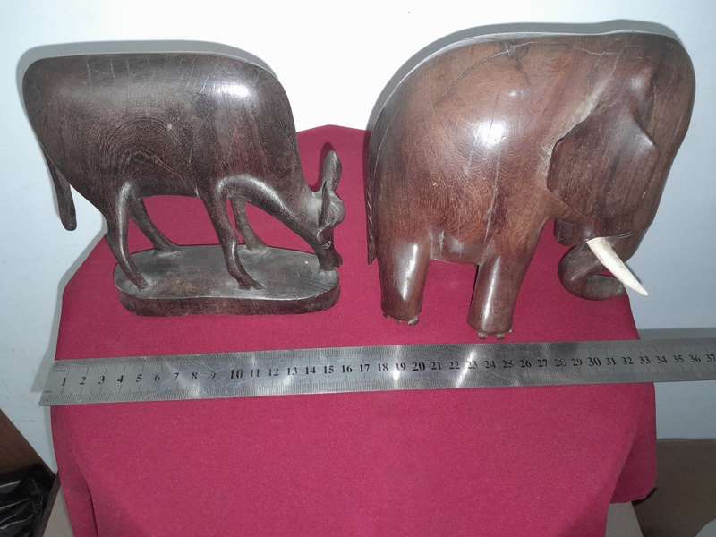 2 SOLID HARDWOOD CARVING - ELEPHANT & COW - Approx. 15cm X 18cm - PLEASE SEE PICTURES