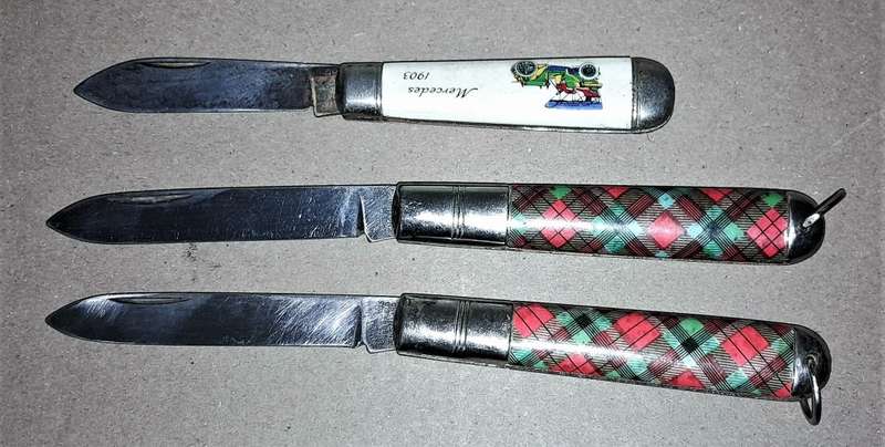 3 Richards Sheffield Pocket Knives - 2 Plaid design handle & 1 Mercedes 1903- as per picture