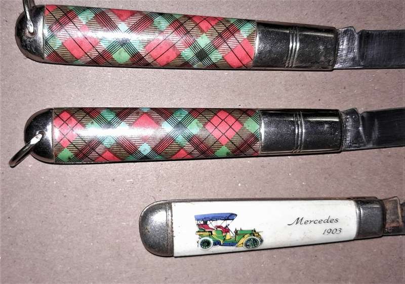 3 Richards Sheffield Pocket Knives - 2 Plaid design handle & 1 Mercedes 1903- as per picture