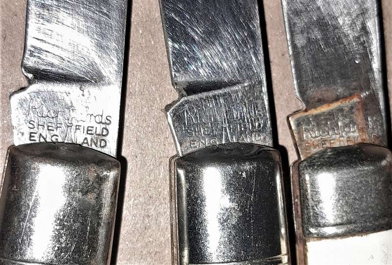 3 Richards Sheffield Pocket Knives - 2 Plaid design handle & 1 Mercedes 1903- as per picture