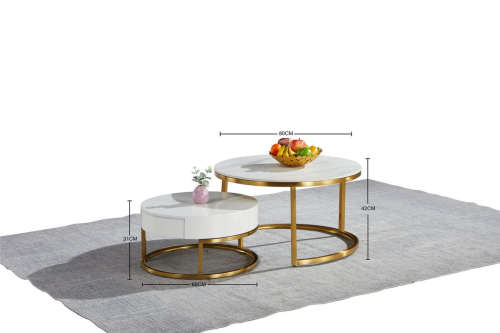 Coffee Tables - Set of 2  Rounded Marble Top  White / Gold Colours
