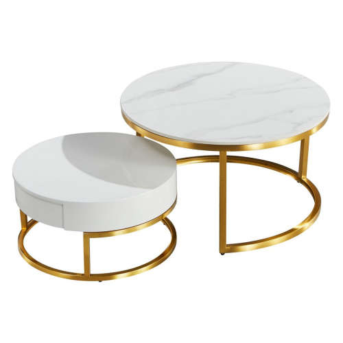 Coffee Tables - Set of 2  Rounded Marble Top  White / Gold Colours