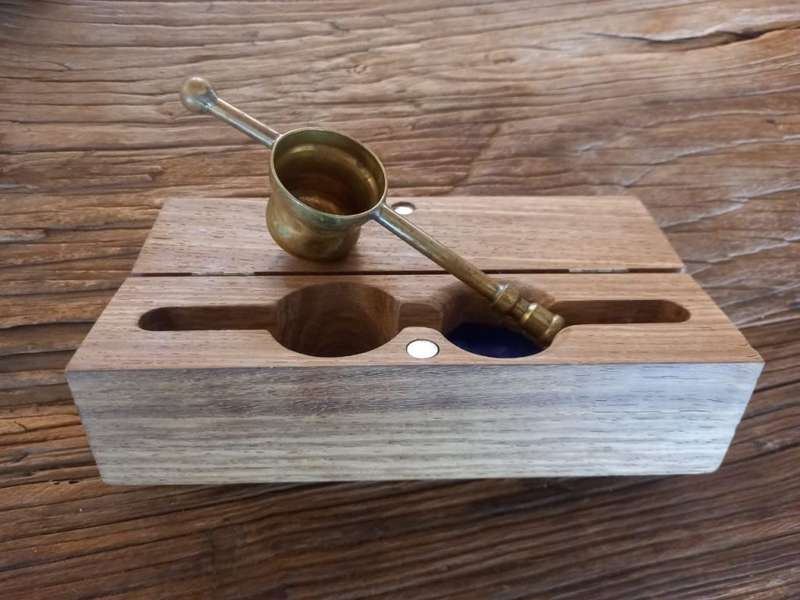 Brass Tot Measure in Wooden Box. Signed by Randall Wicomb.
