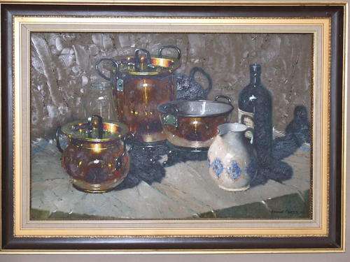 S.A MASTER :HENNIE GRIESEL OIL"STILL LIFE WITH 3 COPPER POTS AND BOTTLE OF WINE BESIDE A DELFT VASE"