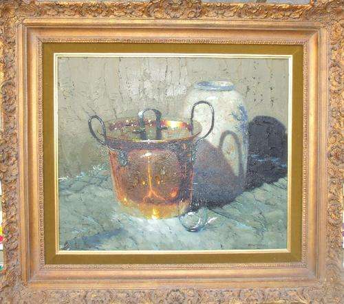 S.A MASTER :HENNIE GRIESEL OIL"STILL LIFE COPPER POT BESIDE A DELFT VASE"