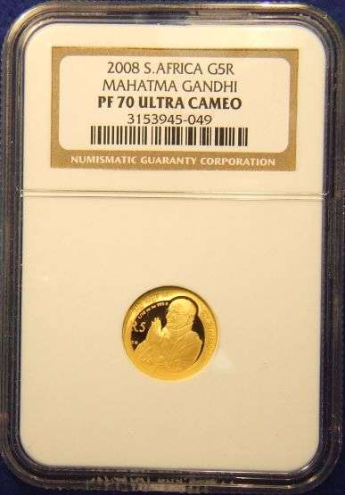 2008 MAHATMA GHANDI  PROTEA GOLD R5 NGC GRADED PF 70 UC  PERFECT COIN!!! POP 1!!!