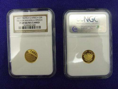 NELSON MANDELA GOLD PROOF PROTEA R5 NGC GRADED PF69 ULTRA CAMEO!!CRAZY R1 AUCTION!!!
