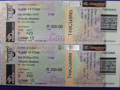 THE PRICE IS FOR  2X SUPER 14 FINAL TICKETS BULLS VS STORMERS 29 MAY 2010