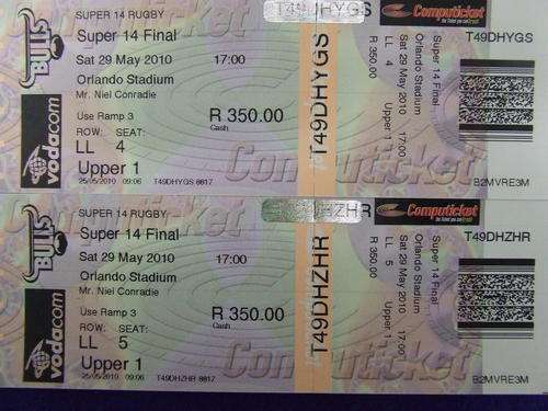 2X SUPER 14 FINAL TICKETS BULLS VS STORMERS 29 MAY 2010