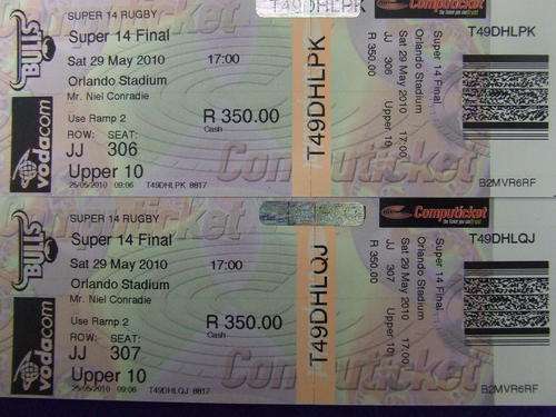 2X SUPER 14 FINAL TICKETS BULLS VS STORMERS 29 MAY 2010