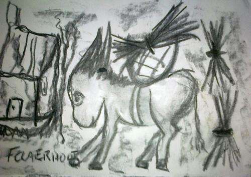 Frans Claerhout **ORIGINAL CHARCOAL "DONKEY AT THE FARM"