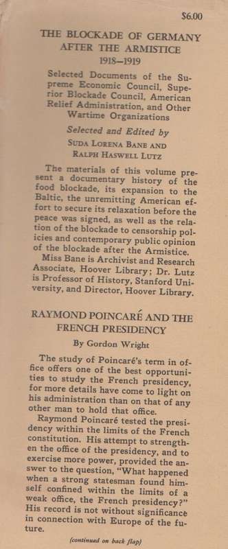 THE BLOCKADE OF GERMANY AFTR THE ARMITICE, 1918 - 1919 - SUDA LORENA BANE & RALPH HASWELL LUTZ(1942)
