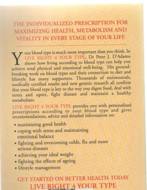 LIVE RIGHT FOR YOUR TYPE - DR PETER J D'ADAMO  (2002)