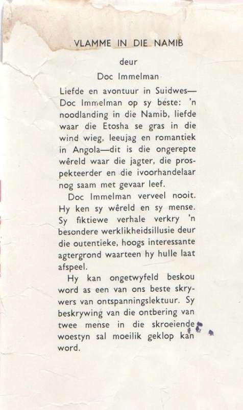 VLAMME IN DIE NAMIB - DOC IMMELMAN (2 DE DRUK 1974)