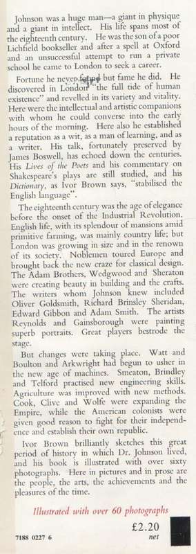 DR JOHNSON AND HIS WORLD - IVOR BROWN (2 ND IMPRESSION 1967)