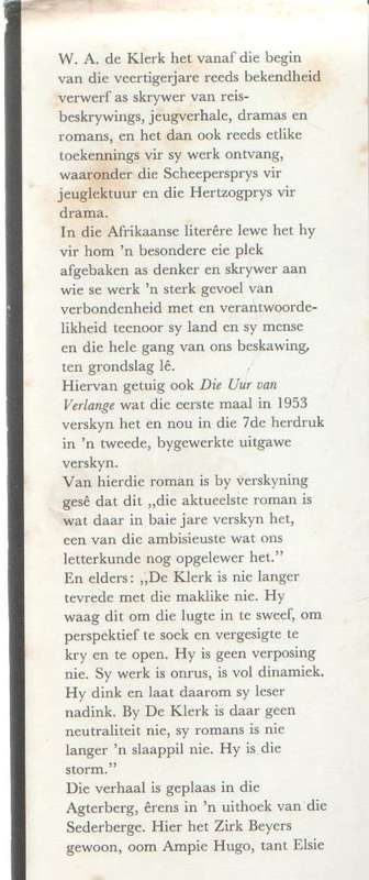 DIE UUR VAN VERLANGE - W A DE KLERK (2 DE UITGAWE 1971)