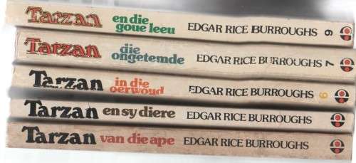 VYF AFRIKAANSE TARZANBOEKE, NR'S 9,7,6,3 EN 1 - EDGAR RICE BURROUGHS