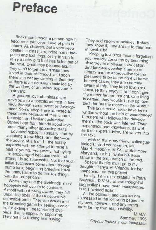 LOVEBIRDS, A COMPLETE PET OWNER`S MANUAL - MATTHEW M VRIEND (1995)