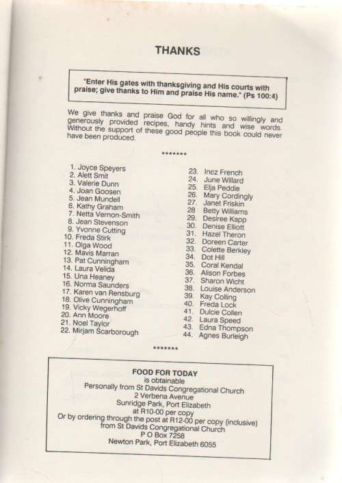 FOOD FOR THOUGHT - ST DAVID'S CONGREGATIONAL CHUCH, PORT ELIZABETH (1989)