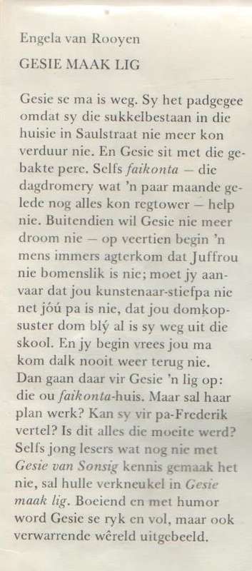 GESIE MAAK LIG - ENGELA VAN ROOYEN (1 STE UITGAWE 1979) JEUGVERHAAL