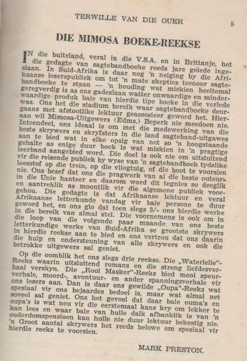 TER WILLE VAN DIE OUER - PIETER G RETIEF (OUD - MIMOSA-REEKS)