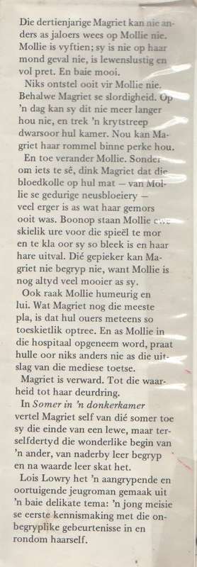 SOMER IN `N DONKER-KAMER -  LOIS LOWRY VERTAAL DEUR ELSABE STEENBERG (1 STE UITGAWE 1981)