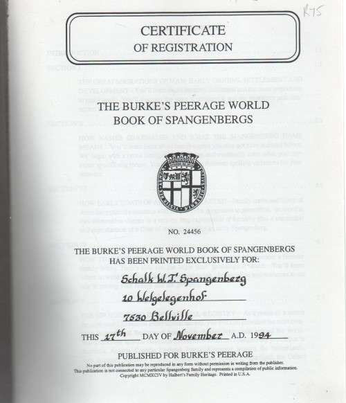 THE BURK`S PEERAGE WORLD BOOK OF SPANGENBERGS (1994)