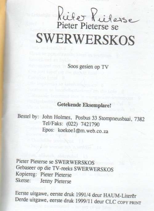 SWERWERSKOS - PIETER PIETERSE (RANDE VIR REDDING - 3 DE UITGAWE 1999) GETEKEN