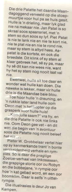 DIE PETALJES VAN DIE DRIE PATATTE - PIETER W GROBBELAAR (1 STE UITGAWE 1977)