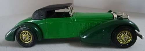 GREEN MATCHBOX MODELS OF YESTERYEAR NO Y17, 1938 HISPANO-SUIZA, MADE IN ENGLAND . LESNEY PRODUCT