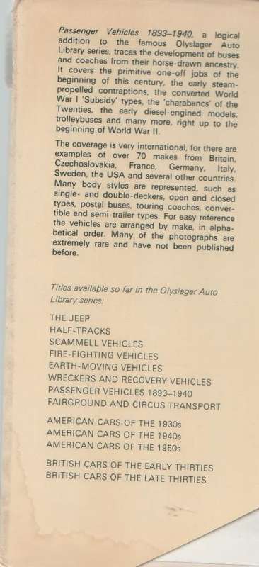 PASSENGER VEHICLES 1893 -1940 - OLYSLAGER AUTO LIBRARY - DENIS N MILLER  (1973)
