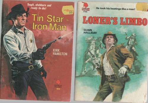 FIVE PAPER BACK CAFE BOOKS - MIXED TITLES AND WESTERNS