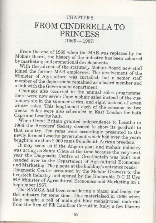 CINDERELLA TO PRINCESS, THE STORY OF MOHAIR IN SOUTH AFRICA 1838 -1988 - D S UYS
