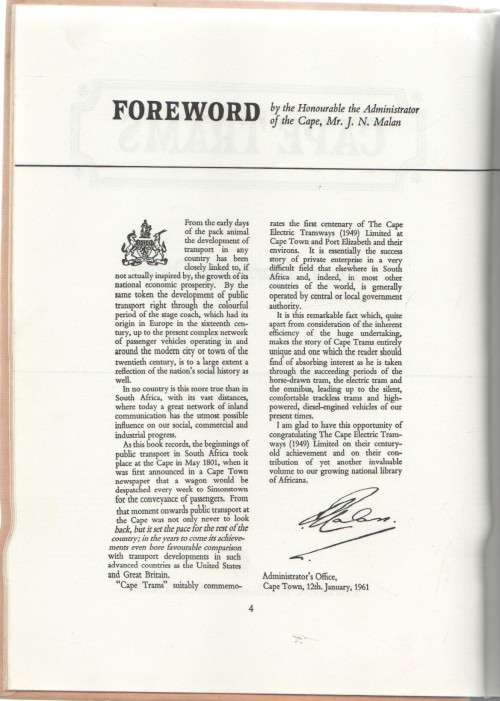 CAPE TRAMS, FROM HORSE TO DIESEL (FOREWORD DATED 1961)