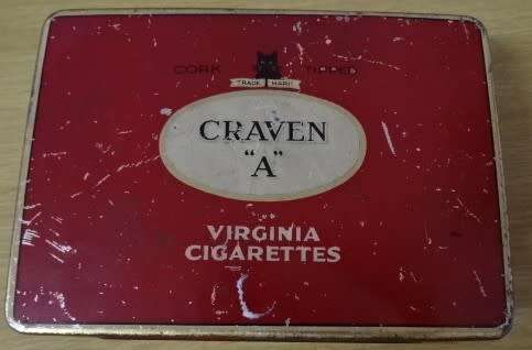 VINTAGE CRAVEN `A` VIRGINIA CIGARETTES TIN.  CORK-TIPPED VIRGINIA (MADE IN ENGLAND)