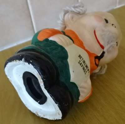 VINTAGE OLD MAN PIGGY BANK WITH YARN HAIR. RETIREMENT FUND