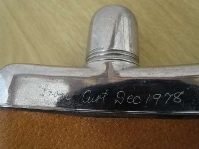 STAINLESS STEEL AND PIGSKIN DECANTER (MADE IN ENGLAND (INSCRIBED 1978)