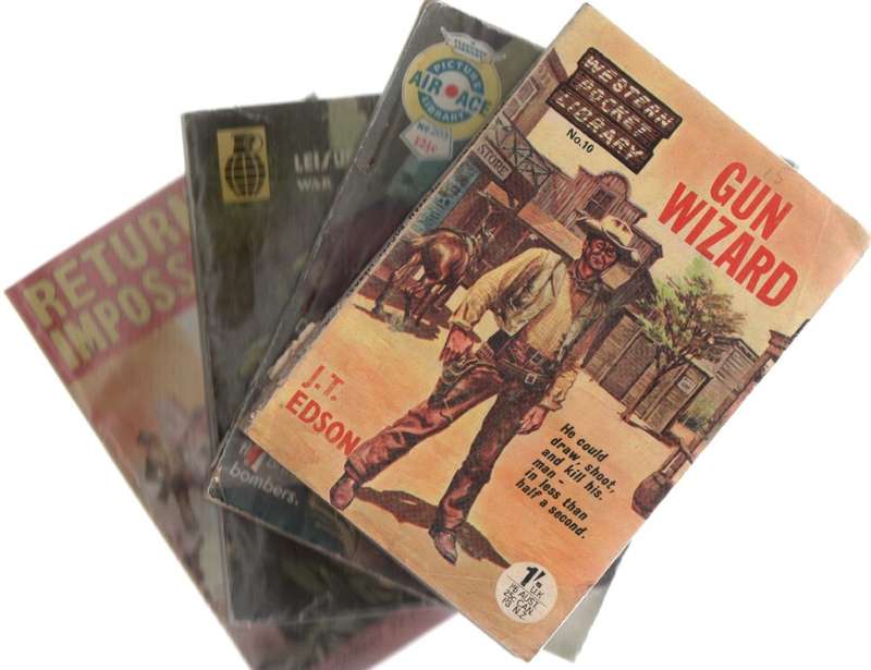 FOUR MIXED CAFE BOOKS, WESTERN AND WAR PICTURE STORIES