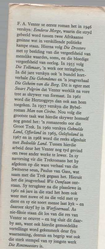 DIE RENTMEESTERS - F A VENTER (2 DE DRUK 1970)